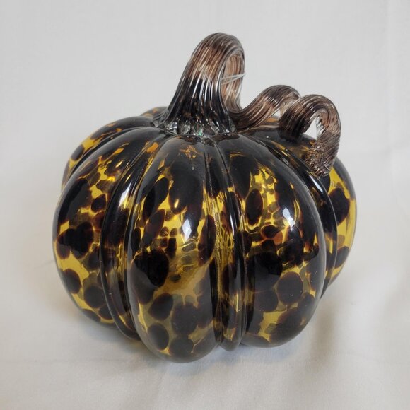 Art Glass Blown Glass Pumpkin Tortoise Shell Large 6" x 6"" GIFT Light Amber NWT - Picture 1 of 7